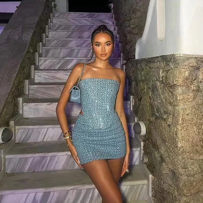 Blue Sequined Denim Strapless Mini Two Piece Skirt Set