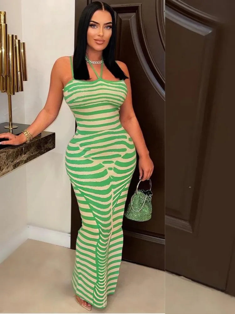 Striped Sleeveless Spaghetti Party Dress