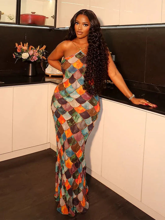 Plaid Halter Off Shoulder Maxi Dress