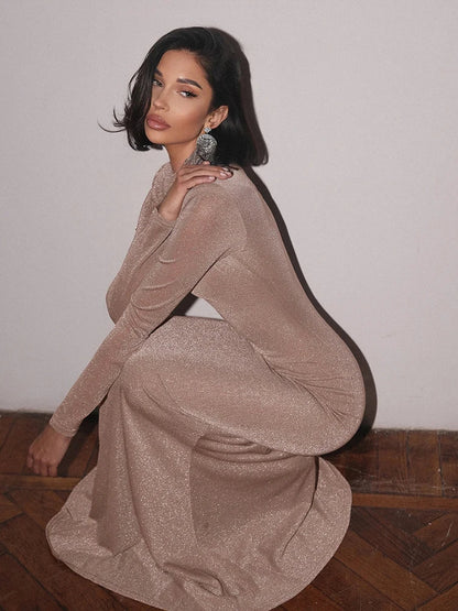 Bright Silk Turtleneck Maxi Party Dress