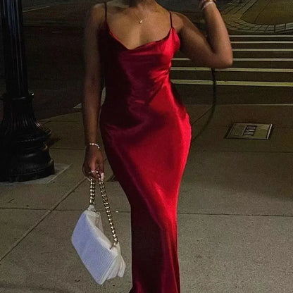 Elegant Satin Backless Spaghetti Strap Slip Dress