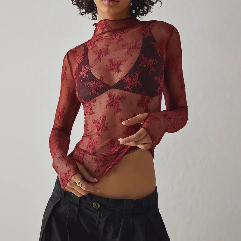 Sexy Mesh Long Sleeve Sheer Top