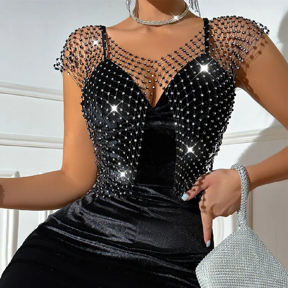 Rhinestone Diamond Net Sheer Top
