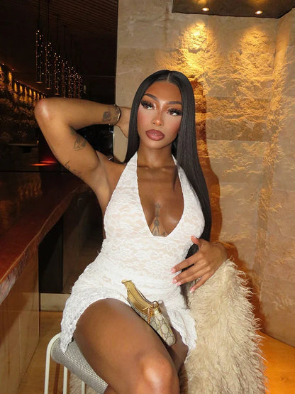 Pleated Halter Skinny Concise Mini Lace Dress