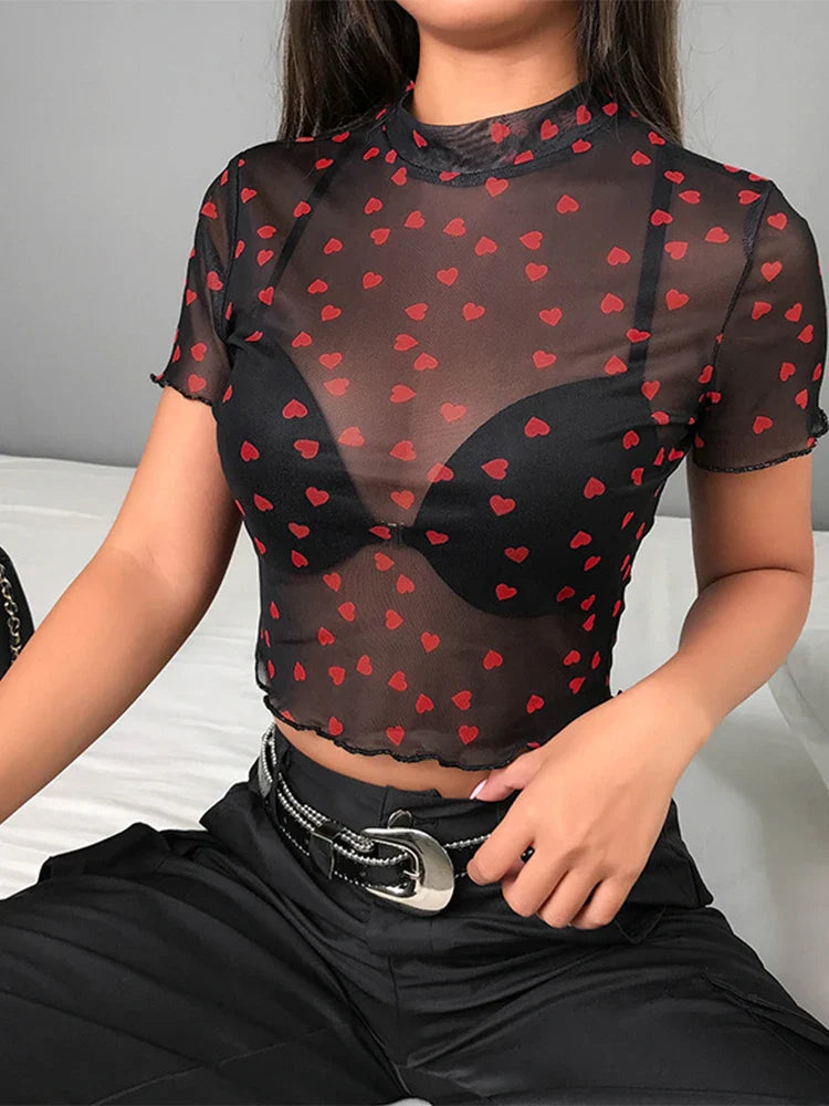Mesh Heart Turtleneck Sheer Top