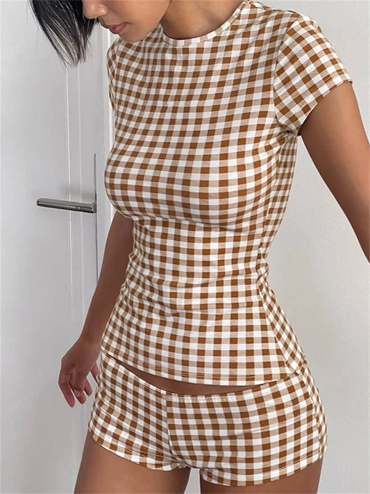 Plaid Print Crew Neck Short Sleeve T-Shirt Two Piece Shorts Set