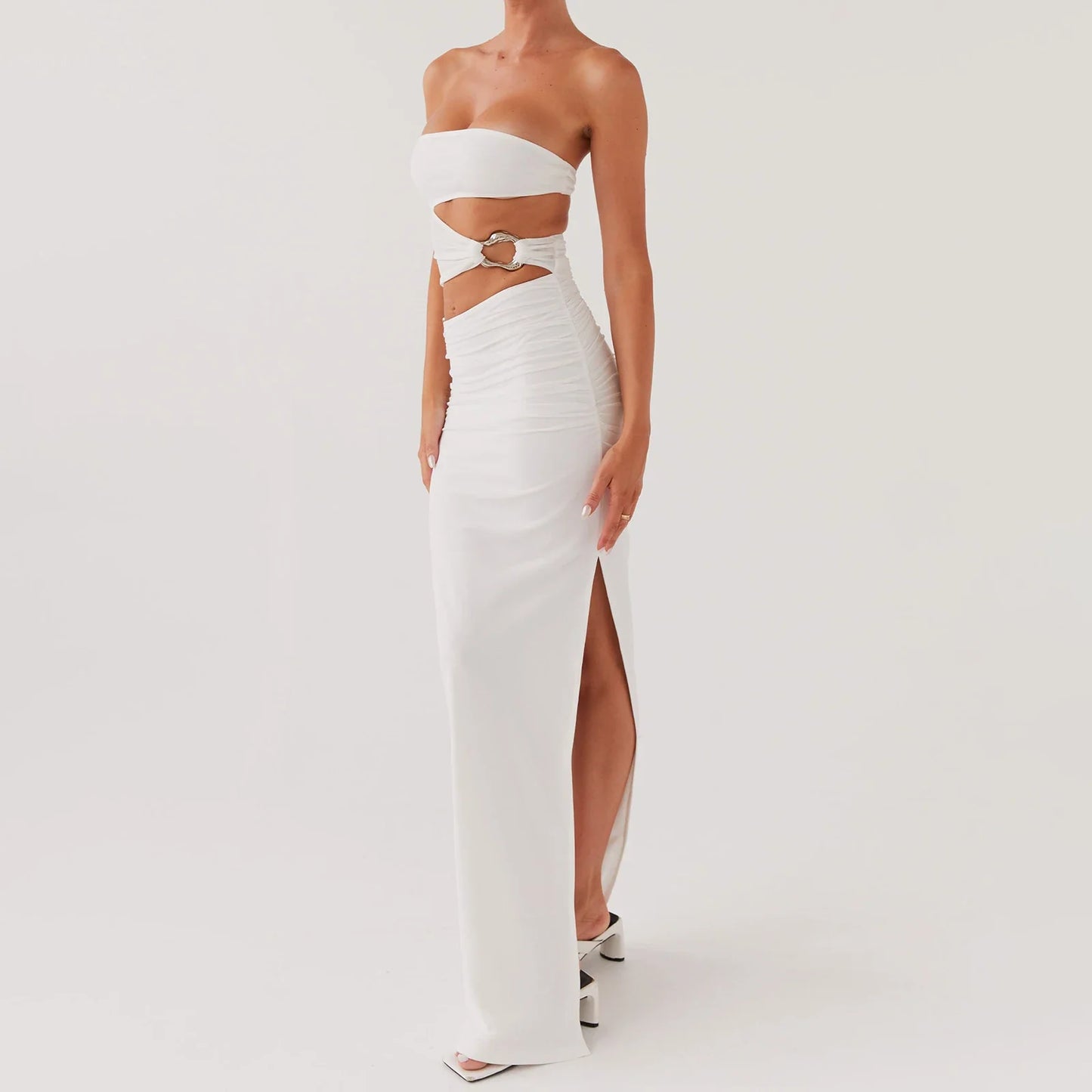 Hollow Strapless Metal Slit Midi Dress