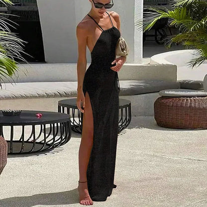 High Slit Knitted Suspender Maxi Dress