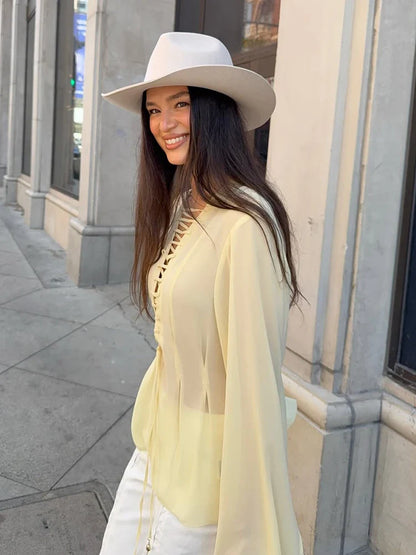 Light Yellow Chiffon Flare Sleeve Blouse