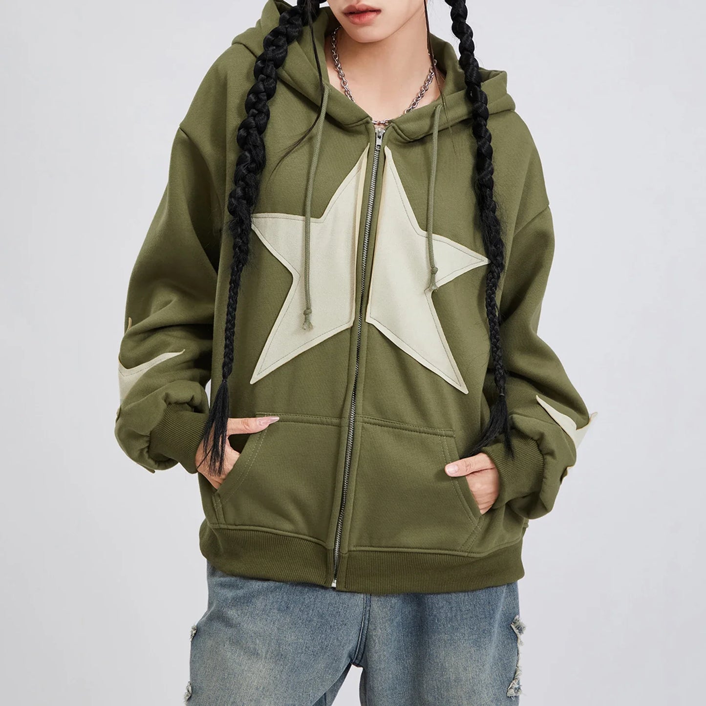 Star Print Drawstring Hoodie