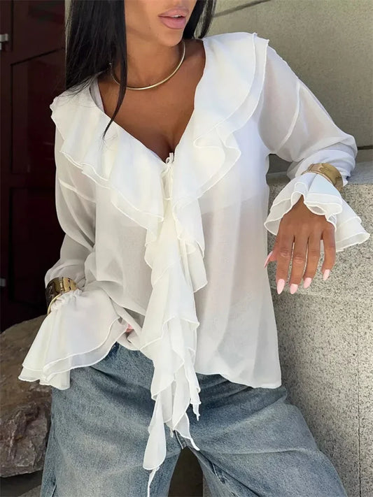 Chiffon V-neck Ruffled See-through Lace-up Blouse