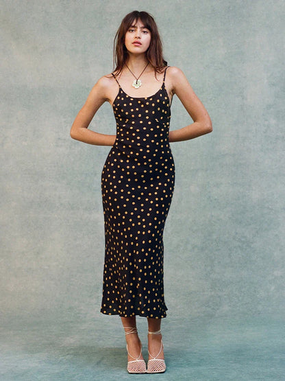 Dot Print Spaghetti Midi Dress