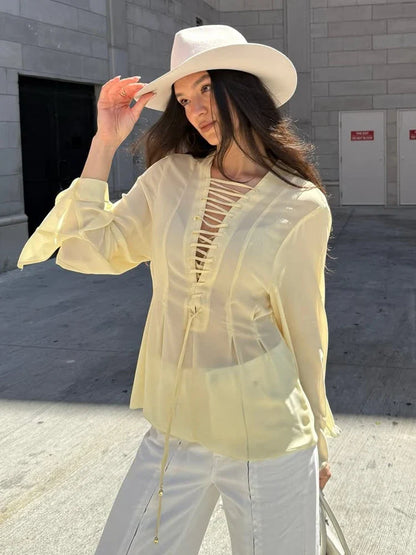 Light Yellow Chiffon Flare Sleeve Blouse