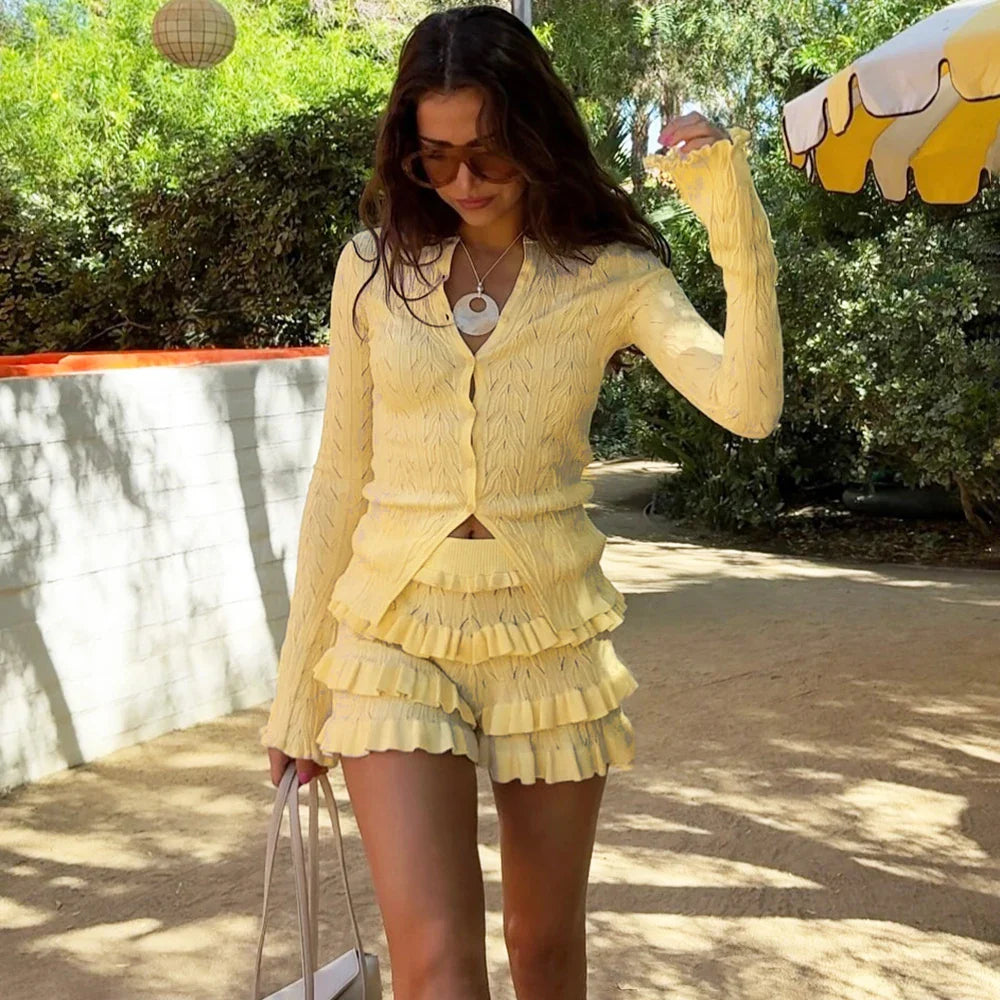 Knit Cardigan Ruffle Sleeve Top Solid Two Piece Shorts Set