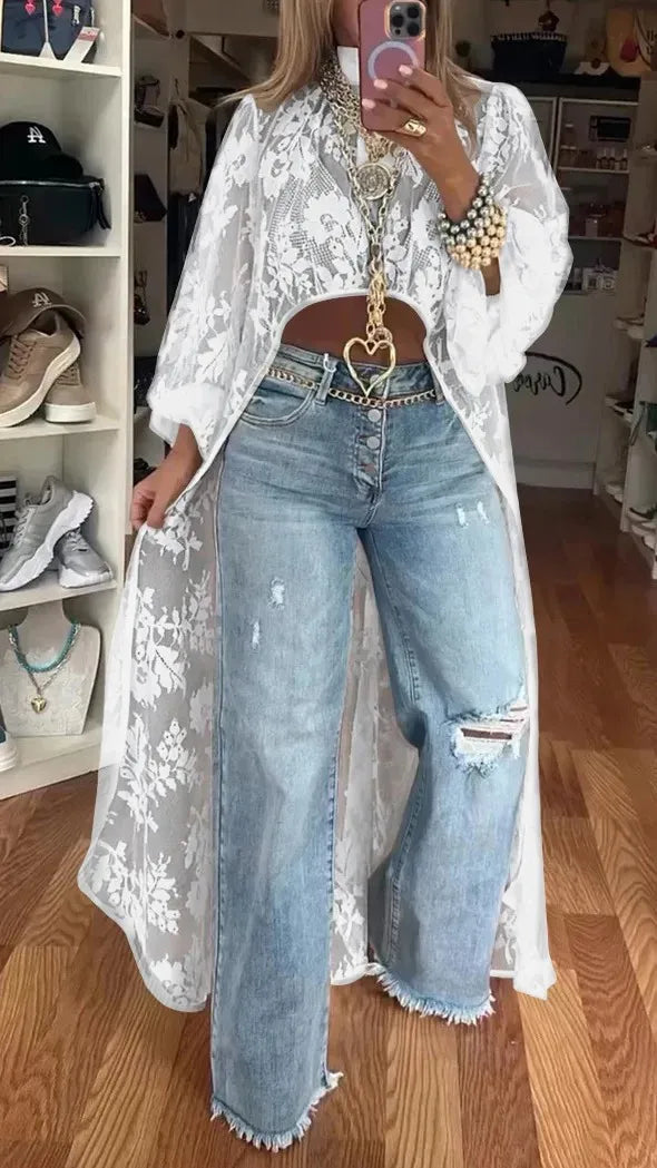 Lace Floral High Neck Puff Sleeve Blouse