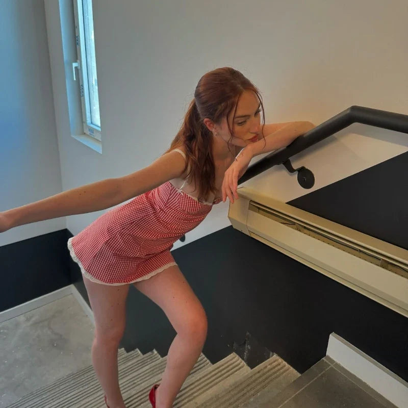 Plaid Lace Backless Casual Slim Evening Slip Dress