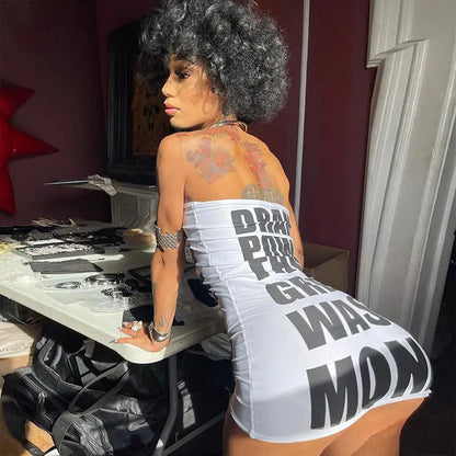 Letter Print Strapless Hip Club Mini Dress