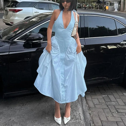 Backless Deep V Spliced Long Midi Dress