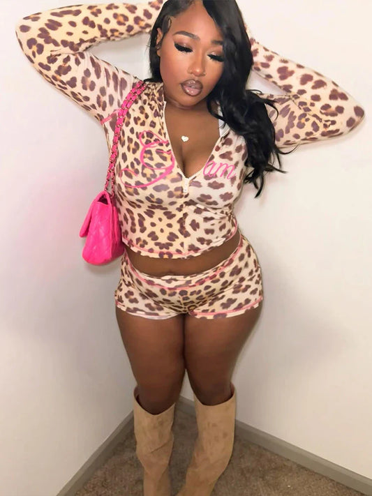 Leopard Zip Biker Shorts Knit Set