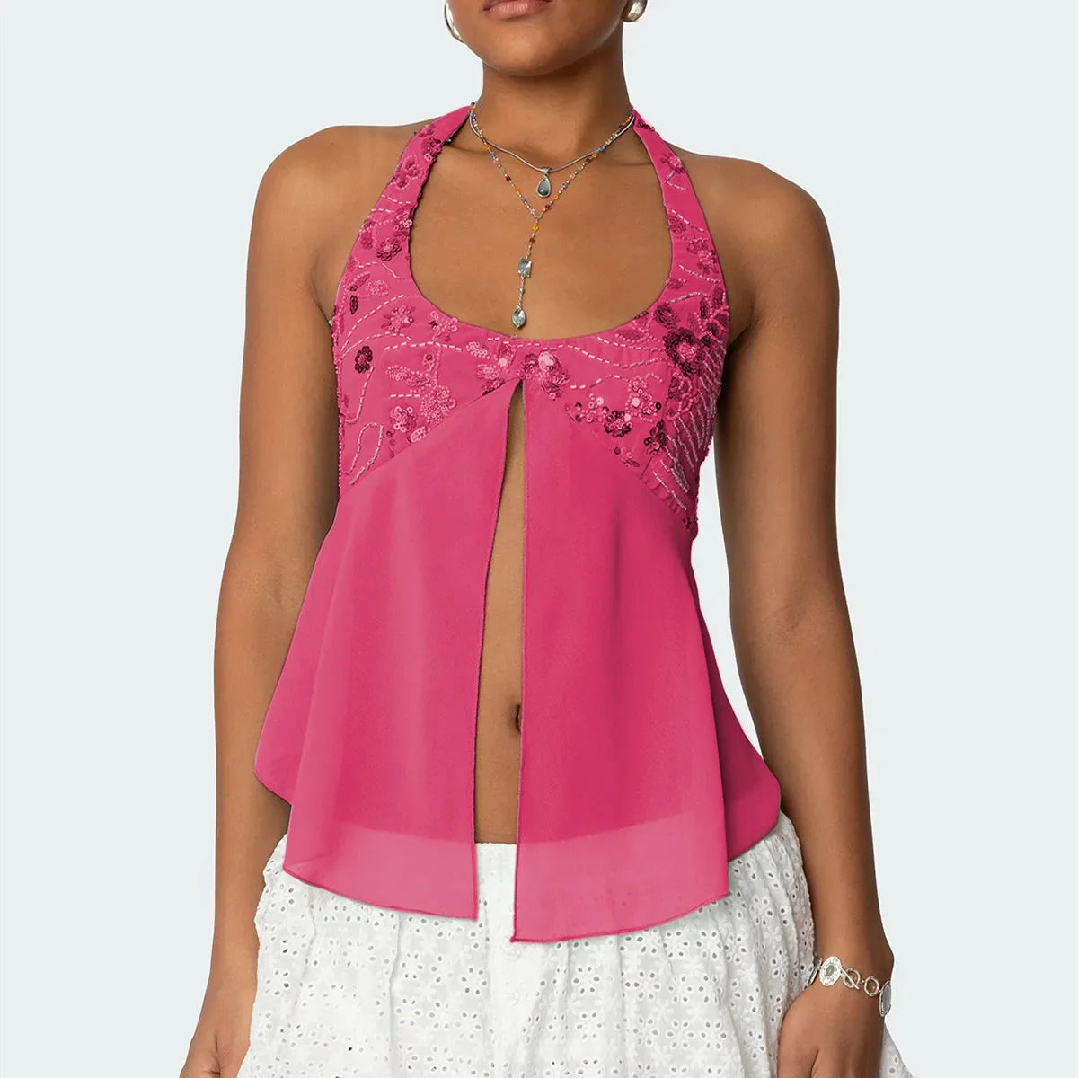 Sequin Chiffon Mesh Halter Backless Sheer Top