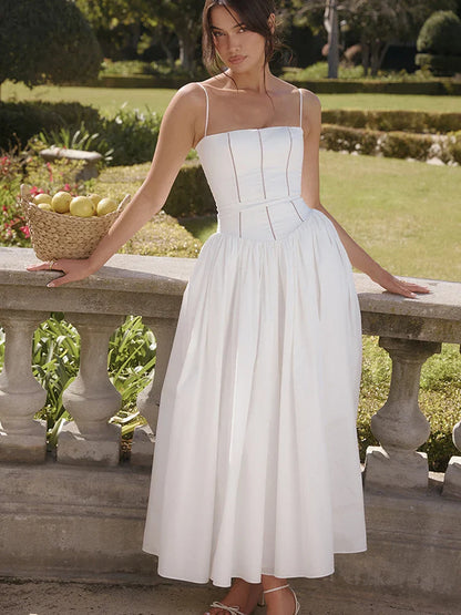 White Spaghetti Strap Backless Midi Dress