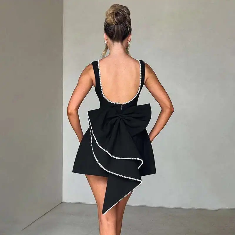 Pearl Bow Waist Wrap Backless Mini Dress