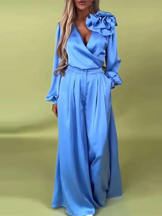 Satin Flower V-Neck Wide Leg Suit