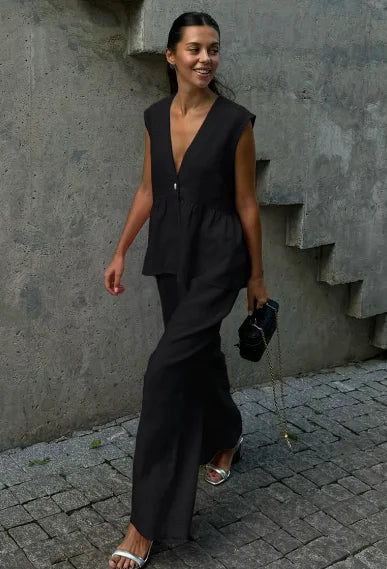 Pink Cotton Linen Ruffles Two Piece Pants Set