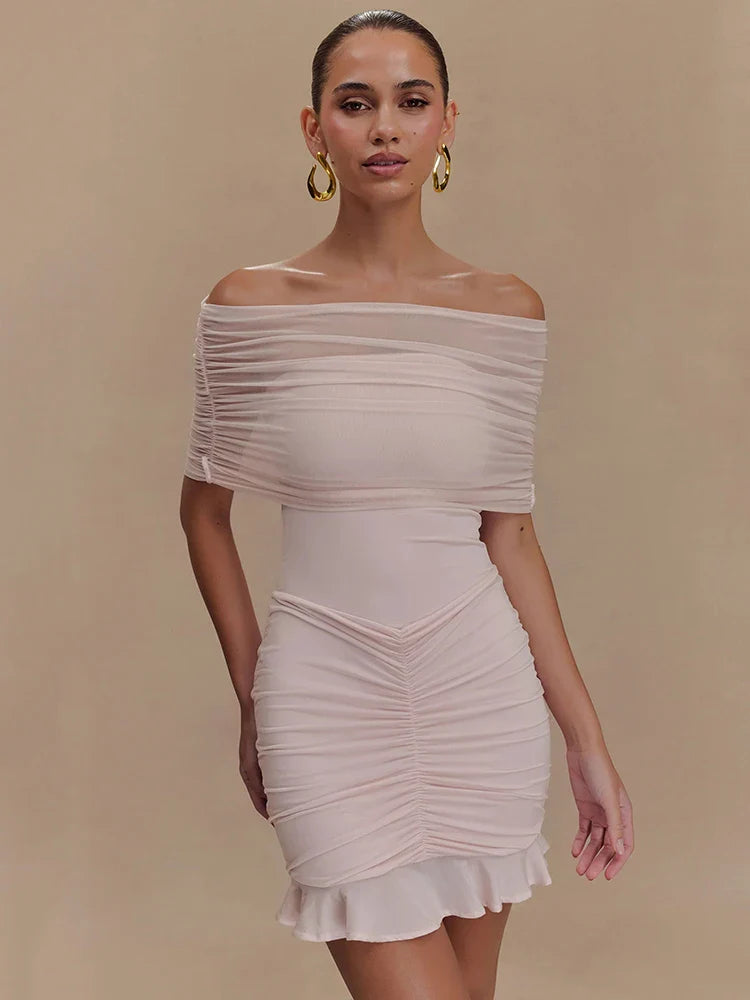 Strapless Mesh Ruffled Backless Mini Dress