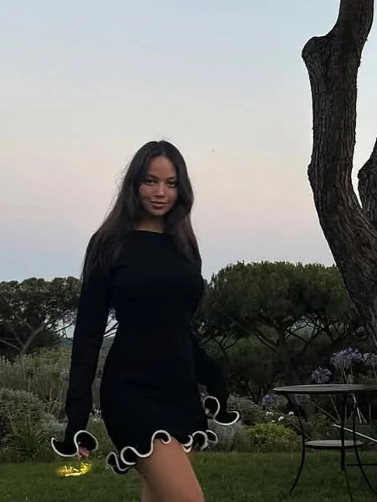 Ruffle Hem High Waist Long Sleeve Mini Dress