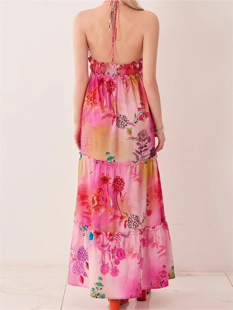 Retro Print Backless V-neck Midi Dress