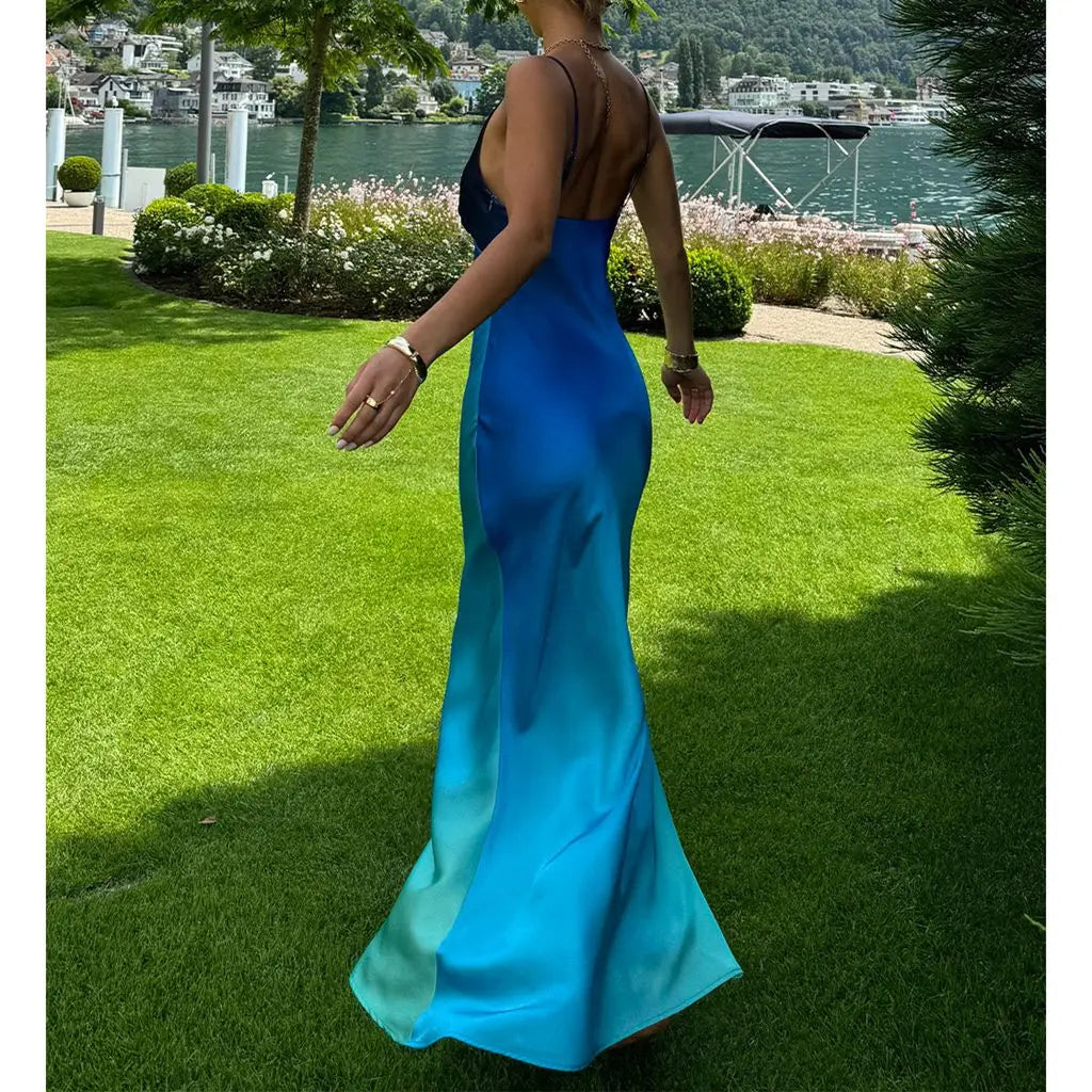 Gradient Contrast Color Adjustable Strap A-line Slip Dress