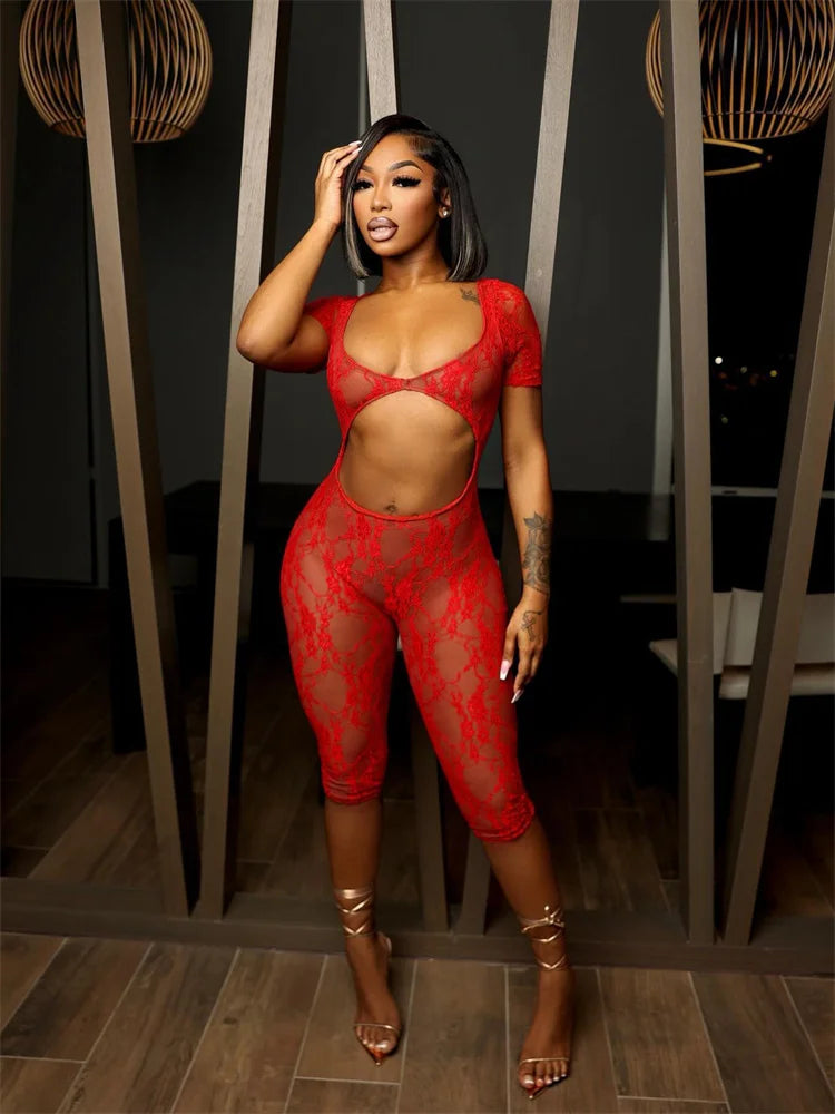 Lace See Through Black Bodycon Romper