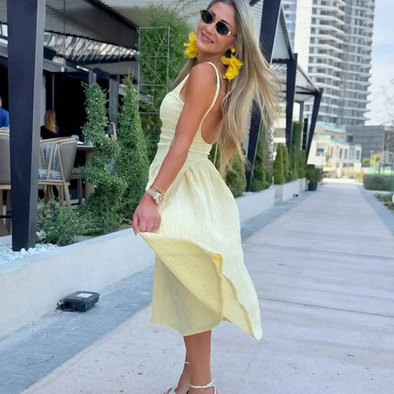 Yellow Pleated Backless Midi Dress
