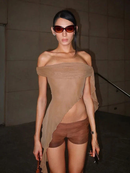 See-Through One Shoulder Pleated Strapless