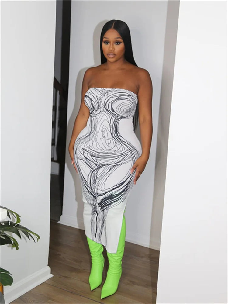 Strapless Panel Print Midi Dress