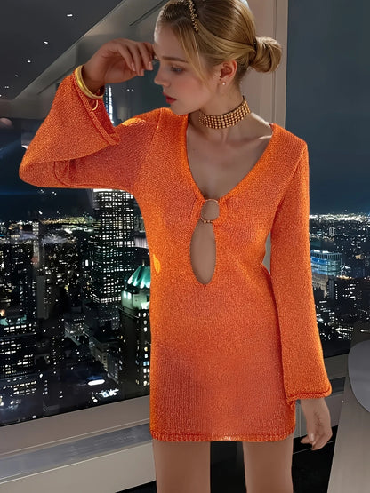 Knitted Flared Sleeve V Neck Mini Dress