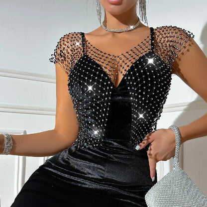 Rhinestone Diamond Net Sheer Top