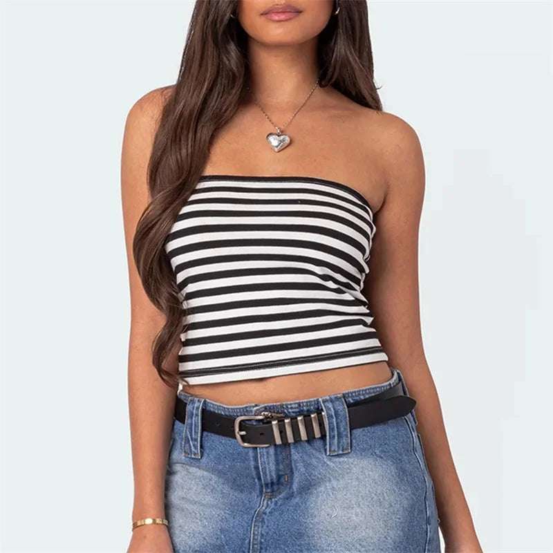 Solid Color/Stripes Letter Print Strapless