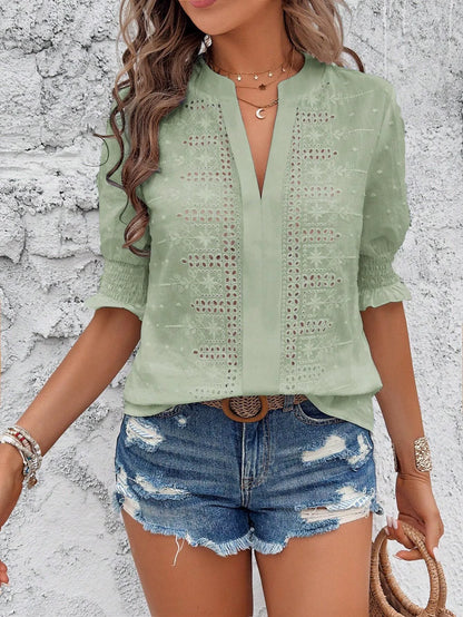 Floral Embroidery Lace Swiss Dot Blouse
