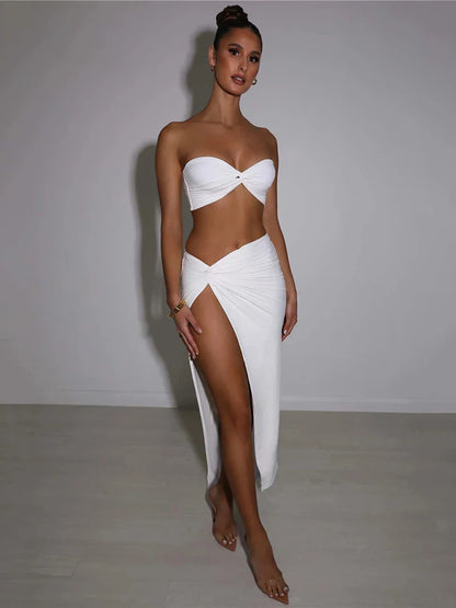 Elegant Strapless Two Piece Midi Dress