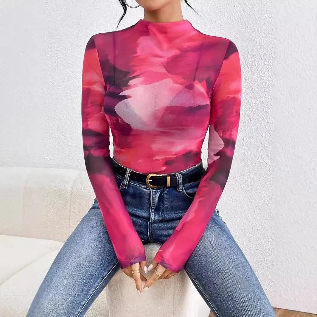 Gradient Patchwork Slim Fit Sheer Top