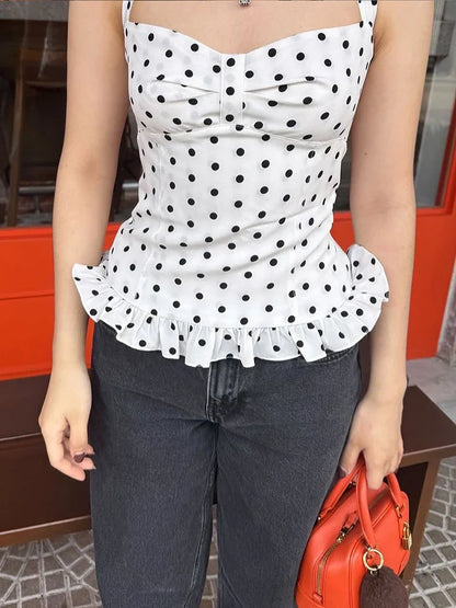 Polka Dot Bandage Ruffles Backless Halter Cami Top