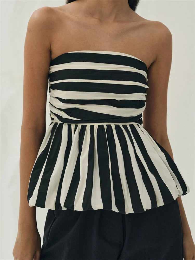 Striped Ruched Cropped Bustier Strapless
