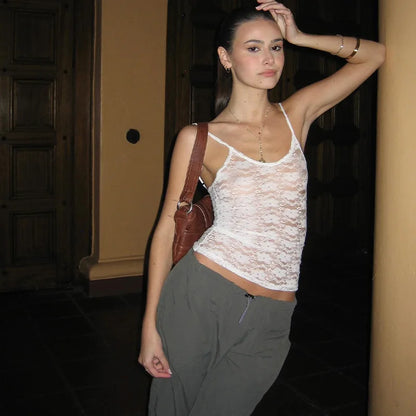 See Through Lace Party White Cami Top