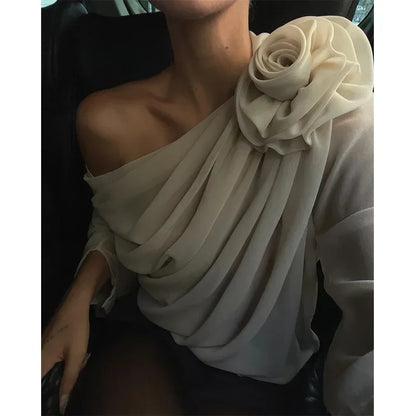 Chiffon One Shoulder Ruched Lantern Sleeve Blouse