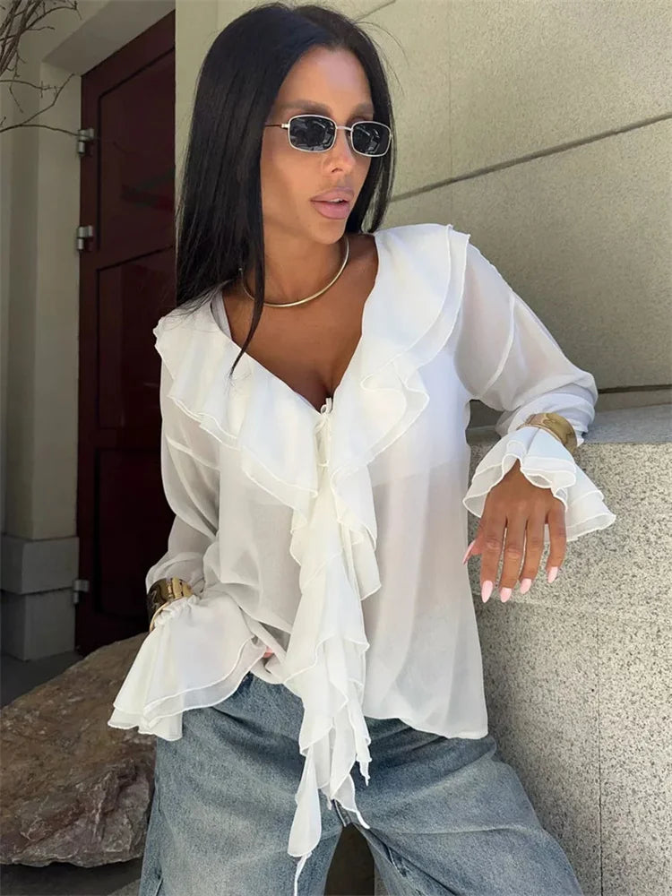 Chiffon V-neck Ruffled See-through Lace-up Blouse