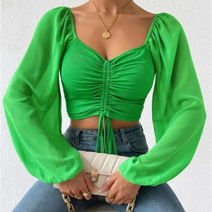 V-Neck Drawstring Bandage Sheer Top