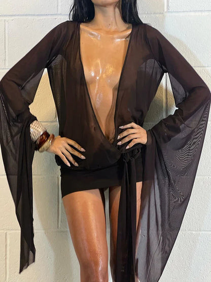 Mesh Irregular Bandage Low Neck Mini Dress