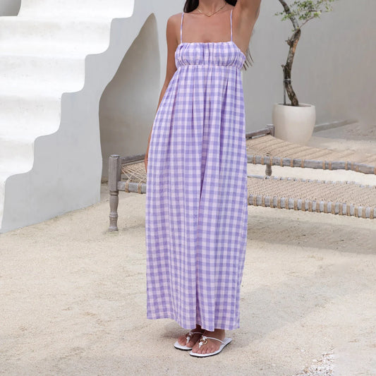 Backless Plaid Swing Slip Midi Dress